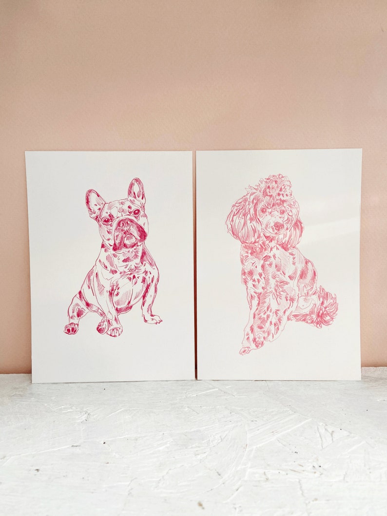 May include: Two illustrations of dogs, a French Bulldog and a Poodle, drawn in pink ink on white paper.