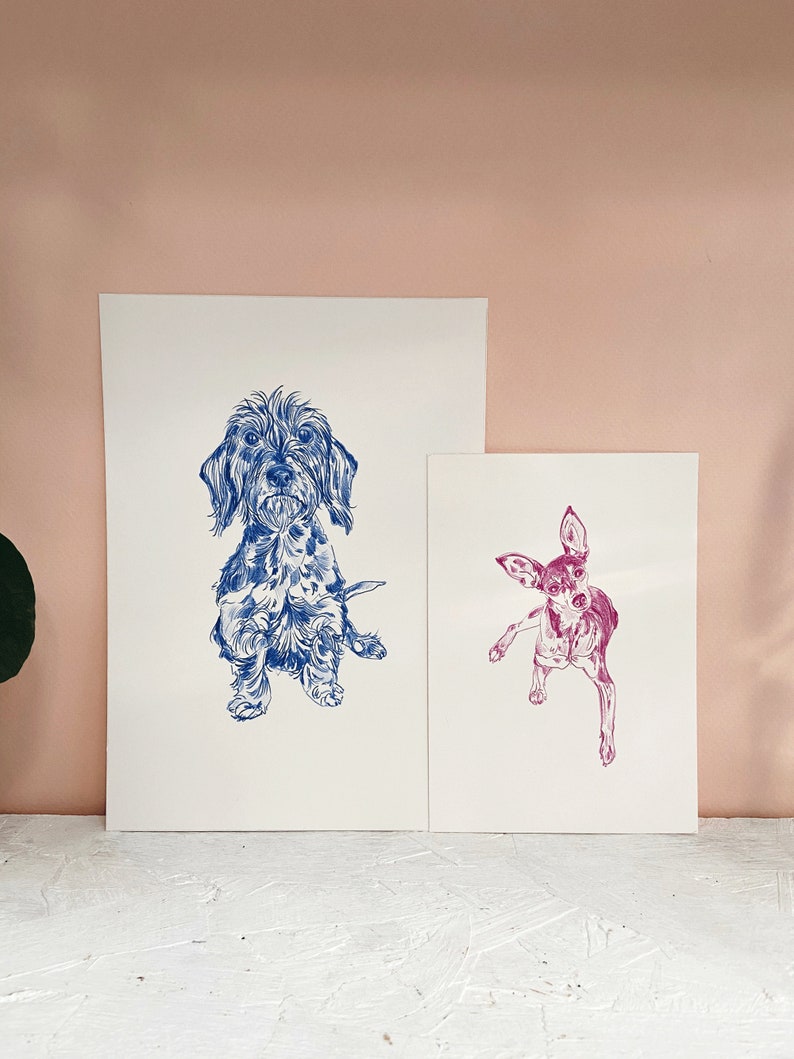 May include: Two illustrations of dogs, one blue and one pink. The blue illustration is of a wirehaired dachshund standing on a white background. The pink illustration is of a chihuahua standing on a white background.