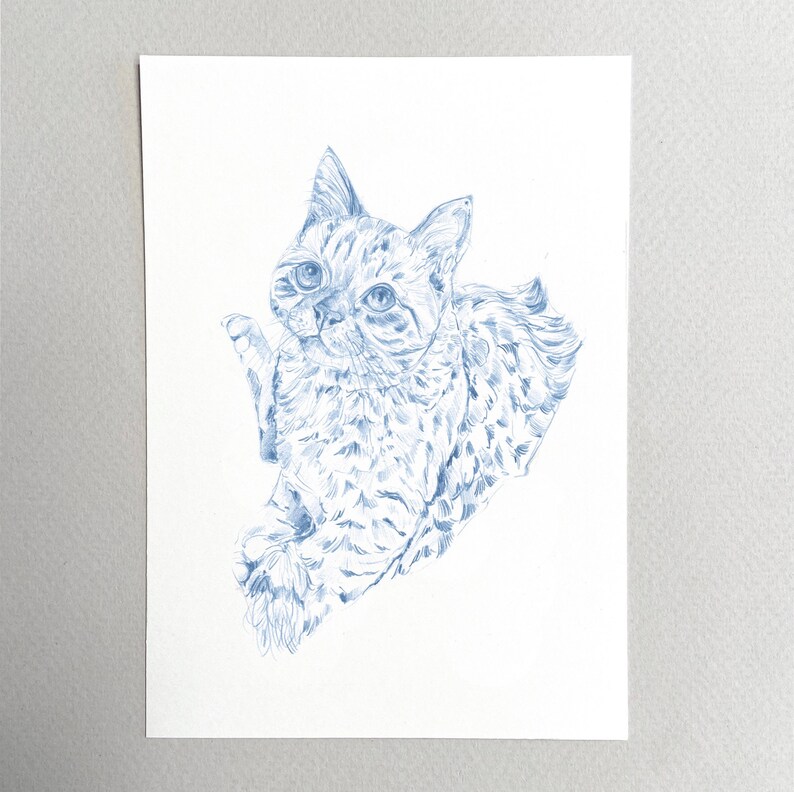 May include: A blue pencil drawing of a cat with a spotted pattern. The cat is looking to the left of the image and has its right paw raised.