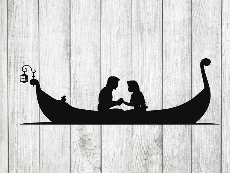 May include: Black silhouette of a gondola with two figures holding hands. The gondola has a decorative lantern on the front and a curved prow. The background is a white wooden plank design.