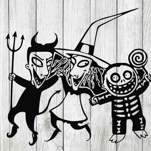 May include: Black and white illustration of three characters from the Nightmare Before Christmas. The characters are Oogie Boogie, Lock, Shock, and Barrel. Oogie Boogie is holding a lollipop, Lock is holding a pitchfork, and Shock and Barrel are holding a bag.