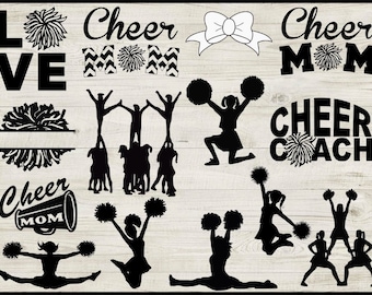Op de afbeelding: Zwart-witte silhouetbeelden van cheerleaders, pompoenen en de woorden "Cheer Mom", "Cheer Coach" en "Love".