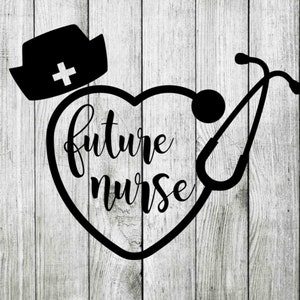 Puede incluir: Silueta en blanco y negro de un estetoscopio y un gorro de enfermera dentro de una forma de corazón con el texto "future nurse" en una fuente cursiva.