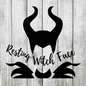 Puede incluir: Silueta en blanco y negro de la cara de una bruja con cuernos y el texto "Resting Witch Face".