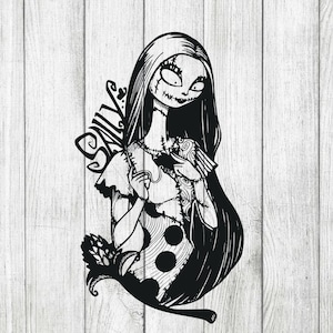 May include: Black and white illustration of a female character with stitched seams and long black hair. The character is holding a heart with the word "Sally" written on it.
