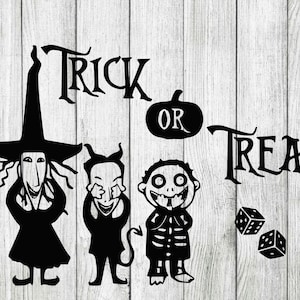 May include: Black and white illustration of three characters from the Nightmare Before Christmas movie. The characters are dressed in costumes and are holding dice. The text "Trick or Treat" is written above the characters.