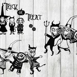 Pode incluir: Ilustração digital em preto e branco de personagens do filme O Estranho Mundo de Jack. Os personagens incluem Jack Skellington, Sally, Oogie Boogie e o prefeito. O texto "Trick or Treat" está incluído na imagem.