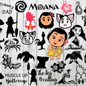 May include: A collection of black and white silhouette images featuring characters and objects from the animated film Moana. The images include Moana, Maui, Pua the pig, Hei Hei the rooster, and the ocean.