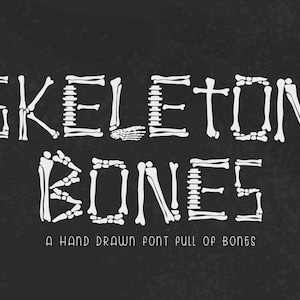 Può includere: Un design di font in bianco e nero chiamato "Skeleton Bones" con le parole "A Hand Drawn Font Full of Bones" sotto. Il font è composto da forme di ossa stilizzate.