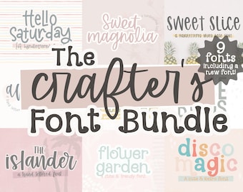 May include: A digital product bundle featuring 9 hand-lettered fonts. The fonts are displayed in various styles and colors, with names like "Hello Saturday", "Sweet Magnolia", "The Islander", "Flower Garden", and "Disco Magic".