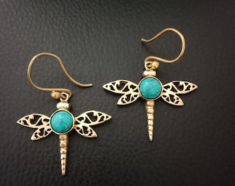 Pendientes de libélula, Pendientes de latón pulido, Pendientes de insectos, Pendientes ligeros, Pendientes de piedra
