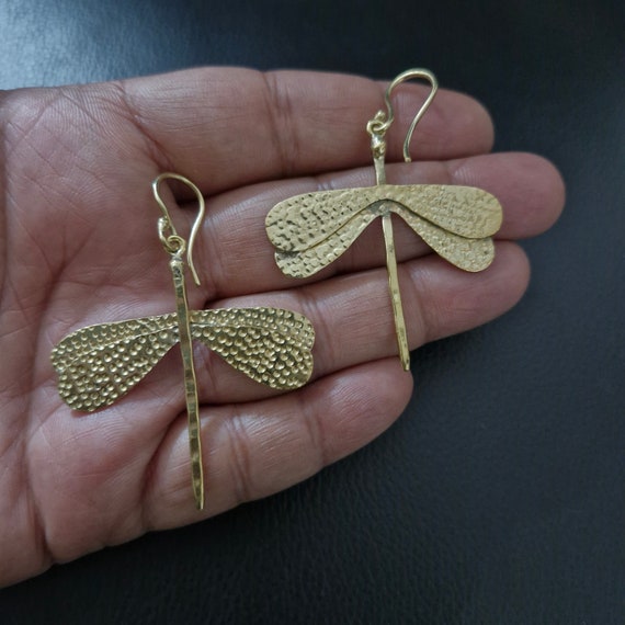 Dragonfly earrings, Polished Brass earrings, Hammered Earrings, Insect earrings, Lightweight earrings