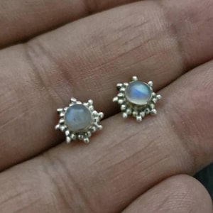 Moonstone stud earrings, Star Earrings, cartilage earrings, Sterling silver, stone earrings, gift for her, Moonstone Studs