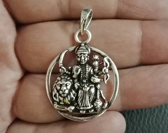 Durga Pendant, Sterling Silver Pendant, Devine Feminine, Kali Pendant, Shakthi Shakti, Trident, sword, Lion, 925 Silver pendant, Hindu