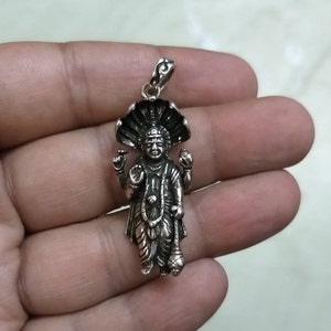 Vishnu Pendant, Sterling Silver Pendant, Sheshnaag, Vishnu Holding Mace, Krishna, Trinity, Hindu God, Indian Pendant,  Sudarshana Chakra