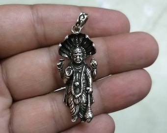 Vishnu Pendant, Sterling Silver Pendant, Sheshnaag, Vishnu Holding Mace, Krishna, Trinity, Hindu God, Indian Pendant,  Sudarshana Chakra