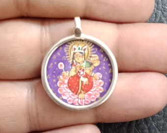 Lakshmi Pendant, Hand painted Lakshmi, Sterling Silver, Lakshmi on Lotus, Hindu Goddess, Miniature Painting Lakshmi, Sterling Silver