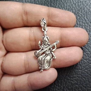 Saraswati Silver Pendant, Hindu goddess pendant, Oxidised Silver, amulet pendant, Goddess of knowledge, sacred maa Necklace