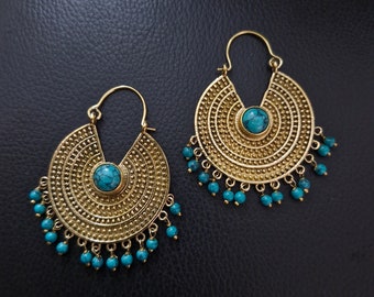 Turquoise Earrings, Brass Earrings, Indian earrings, Chandbali Earrings,  Chandbalis, Bohemian Earrings, Ethnic Earrings
