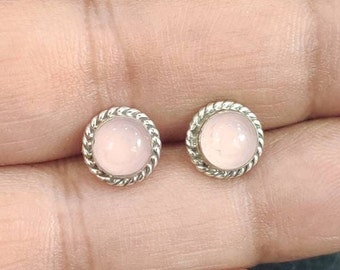 Pink Chalcedony stud earrings, silver earrings, Sterling silver, stone earrings, gift for her, twisted wire earrings,