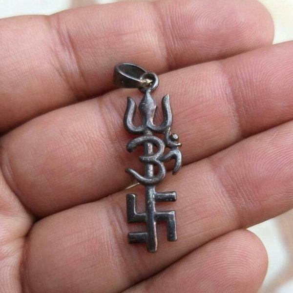 Aum Pendant Sterling Silver, Hindu God Amulet, Protection Charm, Swastika, Indian Silver, Aum With Trident, Trishula, Shiva's Fork