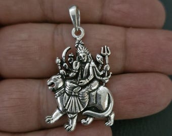 Durga Pendant, Sterling Silver Pendant, Devine Feminine, Kali Pendant, Shakthi Shakti, Trident, sword, Lion, 925 Silver pendant, Hindu