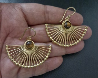 Fan Earrings, Polished Brass Earrings, Gemstone Earrings, Beach jewelry,  gift for her