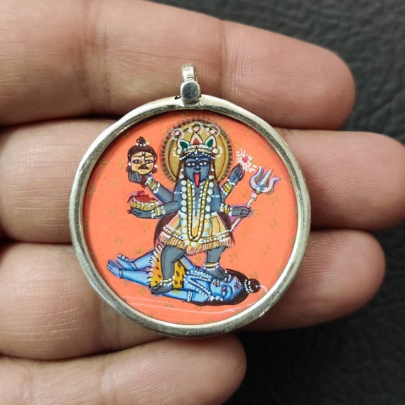 Kali on Shiva Pendant, Hand Painted Kali on Shiva, Sterling