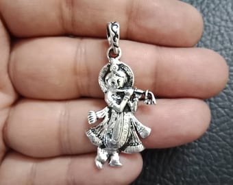 Krishna Playing Flute Pendant, Sterling Silver 925, Radha Lover, Hindu God amulet, protection charm, universal love, Krisna,
