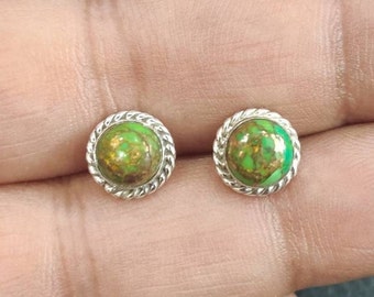Copper Turquoise stud earrings, Green silver earrings, Sterling silver, stone earrings, gift for her, twisted wire earrings,
