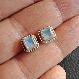 Moonstone stud earrings, Faceted Rainbow Moonstone, cartilage earrings, Sterling silver, stone earrings, gift for her, Blue Fire, 925
