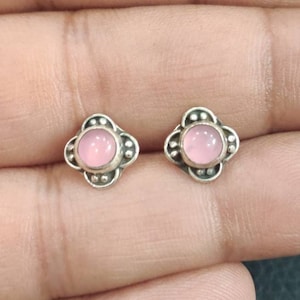 Rose Quartz stud earrings, silver earrings, Sterling silver, stone earrings, gift for her, Clover, Flower earrings,