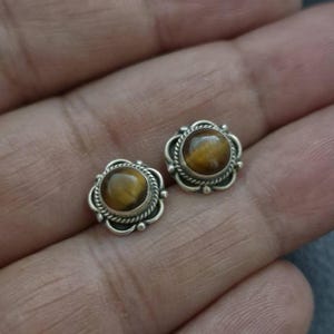 Tiger Eye stud earrings, flower earrings, Floral Stud Earrings, cartilage earrings, Sterling silver, tragus, stone earrings, gift for her