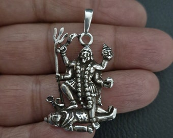 Kali on Shiva pendant, Sterling Silver 925 Hindu Goddess, Maa Durga Chamunda Kaali Aadishakti Yogini Pendant, protection amulet