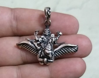 Vishnu Pendant, Vishnu on Garuda Pendant, Sterling Silver, Indian amulet pendant, Sudarshan Chakra, Krishna, Protection Amulet, Hindu God