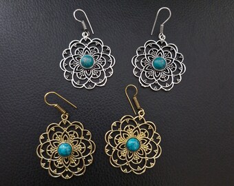 Flower Earrings, Polished Brass, Silver Plated, Floral Earrings, Gift For Her, Stone Earrings