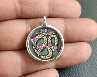 Om Pendant, Hindu symbol pendant, Sterling Silver Pendant, amulet pendant, aum pendant, sacred symbol, ohm, Hand Painted Hindu Pendant