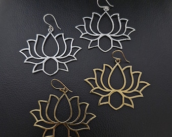 Lotus Earrings, Lightweight Flower Earrings, Polished Brass, Silver Plated, Flower Earrings, Floral Earrings, Gift For Her