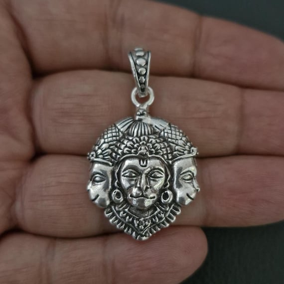 Hanuman pendant, 3 face hanuman amulet, protection charm, Rama devotee, Indian Gods Silver, 3 face hanuman, Trimukhi Hanuman sterling silver