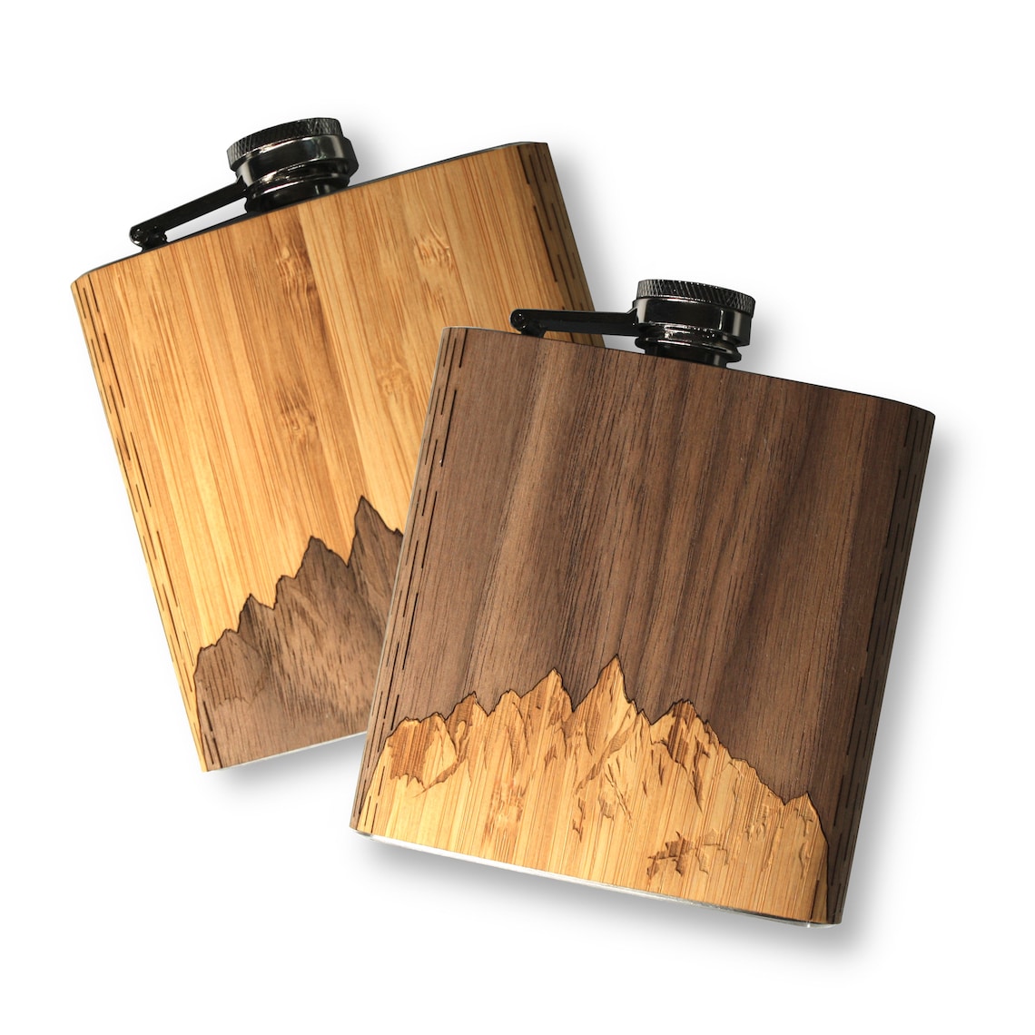 WUDN 6 oz. Wooden Hip Flask Stainless Steel & Real Wood Matched Pair