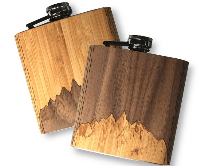 Personalized Flask for Men, Custom Engraved, Stainless Steel & Real Wood 6 oz.