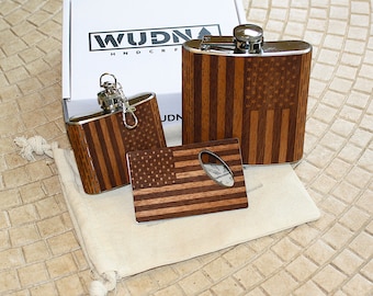 WUDN 3-Piece Bar Set - 6 oz. Hip Flask, 2 oz. Keychain Flask, Credit-Card Bottle Opener - All in Stainless Steel  & Real Wood