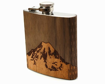 6 oz. Wooden Hip Flask (Mt. Rainier in Mahogany & Black Walnut)