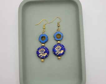 Blue floral beaded earrings
