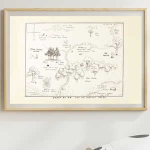 Honderd hectare bos Winnie de Poeh-wereldkaart - zwart-wit Instant Digitale Download Print