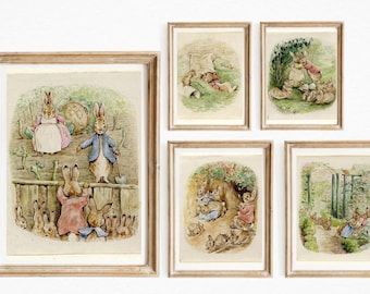 Set di 11 illustrazioni tratte da The Tale of The Flopsy Bunnies di Beatrix Potter - Download istantaneo