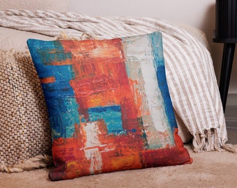 Abstract Oil Painting Premium Throw Pillow, Decorative, Blue, White, Orange - 22" x 22"