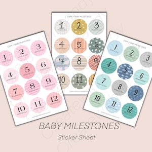 Pode incluir: Três folhas de adesivos de marcos para bebês. Cada adesivo é um círculo com um número de 1 a 12, representando os meses. Os adesivos têm vários padrões pastel e o texto "MONTHS OLD". As palavras "BABY MILESTONES" e "Sticker Sheet" também são visíveis.