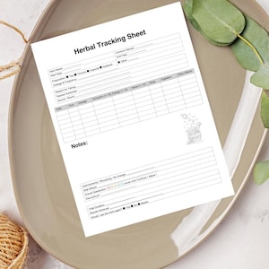 Op de afbeelding: Een wit Herbal Tracking Sheet met secties voor kruidnaam, dosering en effecten. Het blad ligt op een beige bord met groene bladeren, en een gevlochten mand is zichtbaar.