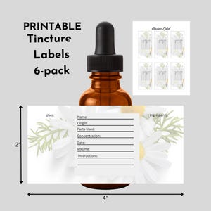 Puede incluir: Etiquetas imprimibles para tintura con un diseño floral. Las etiquetas miden 5,1 cm por 10,2 cm y vienen en un paquete de 6. Las etiquetas tienen espacio para el nombre, el origen, las partes utilizadas, la concentración, la fecha, el volumen y las instrucciones.